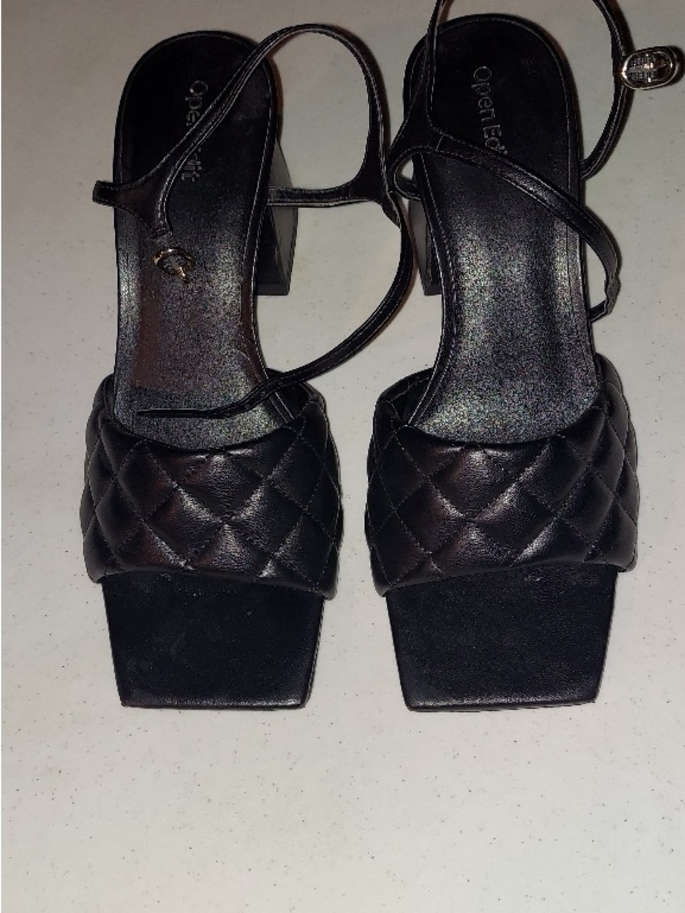 Quilted Black Square-Toe Block Heel Sandals